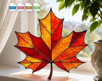 Motivo a vetrata con foglia d'acero / Foglia autunnale SVG PDF / Modello digitale per acchiappasole per principianti Cricut