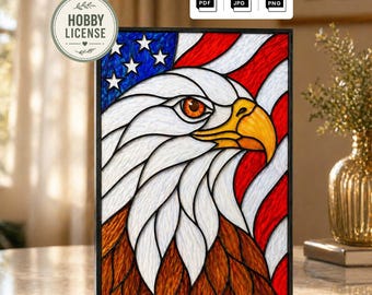 Weißkopfseeadler-Buntglasmuster, Suncatcher der amerikanischen Flagge, Vaterländische DIY-Glaskunstvorlage, Fensterpaneel-Design, digitaler Download