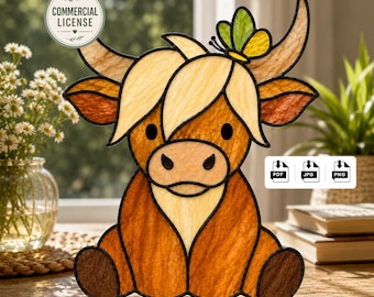 Modello per vetrata artistica "Mucca delle Highlands" in formato PDF, licenza commerciale, acchiappasole con vitellino, vendita di pezzi finiti, fai da te con lamina di rame, utilizzo consentito in classe