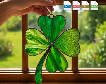 Patrón de vidriera de trébol de cuatro hojas, plantilla de atrapasol de trébol, decoración irlandesa de la suerte, regalo de San Patricio, patrón de vidriera en formato SVG y PDF.