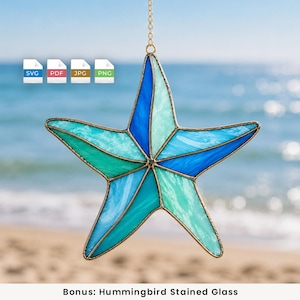 May include: A stained glass starfish ornament featuring segments of blue, teal, and light green glass joined by thin metal lines. The starfish hangs from a gold chain. Four file format icons labeled SVG, PDF, JPG, and PNG are visible.