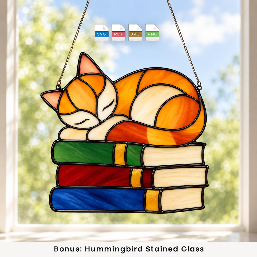 Sleep Guide.pdf Cat on Books Stained Glass Pattern PDF SVG | Sleeping Cat Suncatcher ...