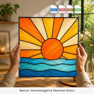 May include: A square stained glass panel featuring a vibrant orange sun rising above wavy blue water. The sun has radiating beams in shades of orange, yellow, and cream, all outlined in black. Four file format icons are visible at the top.