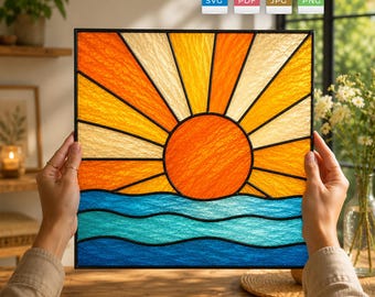 Patrón de vidriera de atardecer SVG PDF / Atrapasueños de amanecer sobre el mar / Arte en vidrio de olas oceánicas para hacer tú mismo / Descarga digital / Corte láser Cricut