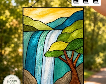 Patrón de vidriera de cascada en PDF / Plantilla de panel de paisaje natural / Descarga digital de arte de ventana de árbol / Patrón de vidriera para principiantes