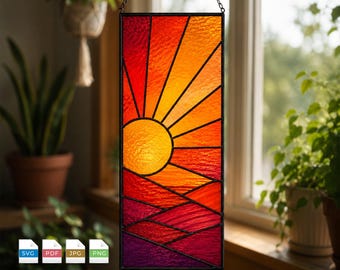 Diseño de vidriera con diseño de puesta de sol / Rayos de sol / Adorno para ventana en tonos naranja, rojo y morado / Descarga digital