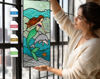 Patrón de vidriera de sirena en formato SVG y PDF, atrapasoles de sirena y delfín, patrón náutico de vidrio oceánico, proyecto DIY para principiantes, descarga digital instantánea.