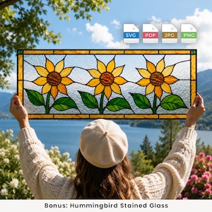 May include: A rectangular stained glass panel featuring three yellow sunflowers with brown centers and green leaves against a textured clear background. The panel is framed in a yellow border. Four file icons labeled SVG, PDF, JPG, and PNG are visible.