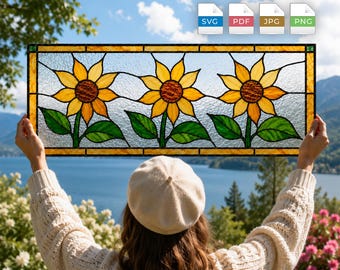 Sunflower Stained Glass Pattern SVG PDF | Transom Window Panel DIY Digital Download | Beginner Friendly | Hummingbird Bonus