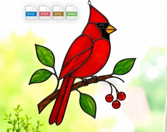 Kardinaal glas-in-loodpatroon | Red Bird Suncatcher SVG-pdf-bestand | Digitale doe-download | Geschikt voor beginners | Muurkunst en woondecoratie