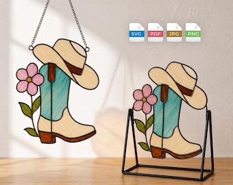 Patrón de vidrieras de botas y sombreros de vaquero / Atrapasueños florales SVG PDF / Descarga digital DIY / Ideal para principiantes / Arte para paredes y decoración del hogar