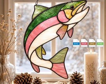 Modello di vetrata a forma di trota in PDF, modello di acchiappasole a forma di pesce fai da te per Cricut, Glowforge, taglio laser SVG, regalo per principianti a tema pesca, decorazione per finestre