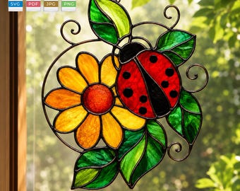 Patrón de vidriera de mariquita en PDF y SVG, plantilla de atrapasoles de hojas de girasol, descarga digital de vidriera de insectos para principiantes, colibrí de regalo.