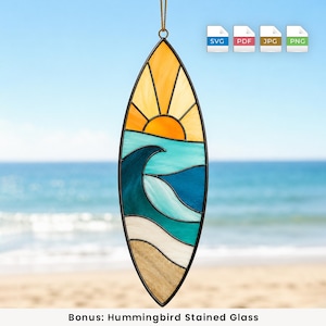 Surfboard Stained Glass Pattern, Ocean Sunset Wave Suncatcher DIY, Beach Coastal Window Hanging, Digital Download SVG PDF