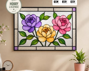 Peony Stained Glass Pattern, Floral Glass Panel, DIY Suncatcher Template, Purple Pink Yellow Peony, Flower Window Hanging, Instant Download