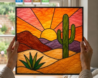Patrón de vidriera "Atardecer en el desierto" / Paisaje de cactus saguaro SVG PDF / Descarga digital DIY para principiantes / Colibrí de regalo