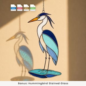 Blue Heron Stained Glass Pattern PDF SVG, Bird Suncatcher Template, Coastal Wall Art Digital Download, Gift for Her, Bonus Hummingbird