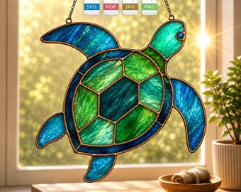 Padrão de vitral de tartaruga marinha em SVG e PDF | Modelo para apanhador de sol com tema oceânico | Tartaruga em vitral | Download instantâneo para Cricut | Decoração de praia