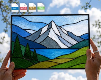 Patrón de vidriera de paisaje de montaña en formato SVG y PDF / Atrapasueños de naturaleza para manualidades (descarga digital) / Ideal para principiantes / Incluye colibrí de regalo