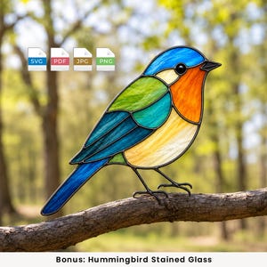 May include: A stained glass bird suncatcher featuring a blue head, orange chest, yellow belly, and green and blue wings with black lead lines. Four file format icons labeled SVG, PDF, JPG, and PNG are displayed above the bird figure.