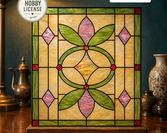 Panel con diseño de vidrieras, diseño geométrico floral, plantilla para arte en vidrio DIY, adorno para ventana estilo Tiffany, descarga instantánea.