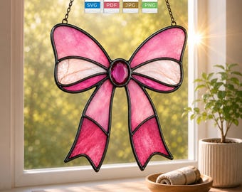 Pink Bow Stained Glass Pattern | Coquette Ribbon SVG PDF | Beginner Suncatcher Template Digital Download