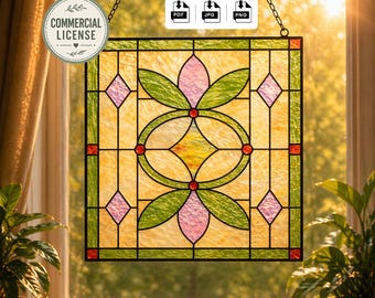 Plantilla imprimible de vidrieras florales / Plantilla para paneles de ventanas / Diseño de arte en vidrio / Descarga instantánea en PDF, JPG y PNG / Uso comercial