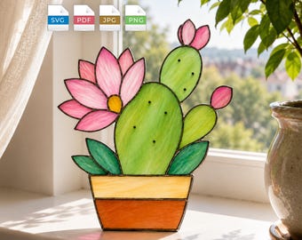 咲き誇るサボテンのステンドグラス模様、多肉植物のサンキャッチャーSVG PDF DIYデジタルダウンロードテンプレート Cricut Glowforge植物装飾