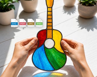 Diseño de vidriera con forma de guitarra / Atrapasueños de guitarra acústica / Regalo para amantes de la música / SVG PDF PNG JPG / Descarga instantánea de vidrieras DIY