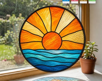 Patrón de vidriera de atardecer SVG / Plantilla atrapasoles de olas del océano / Descarga digital para colgar en la ventana con forma de sol redondo