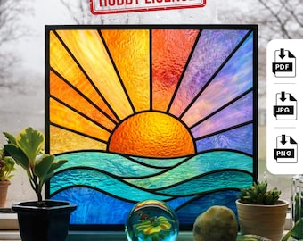 Zonsondergang gebrandschilderd glaspatroon pdf, sjabloon oceaanzonsopgang Suncatcher, zeegolven glaskunstontwerp, DIY-glaspatroon, direct downloaden