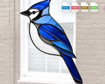 Patrón de vidriera de arrendajo azul SVG PDF / Atrapasueños imprimible / Guía de corte / Cricut Glowforge / Diseño de vidriera de pájaro