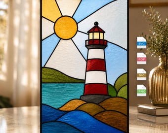 Patrón de vidriera de faro en formato SVG y PDF / Atrapasueños náutico para el océano (descarga digital para manualidades) / Decoración costera para el hogar / Colibrí de regalo