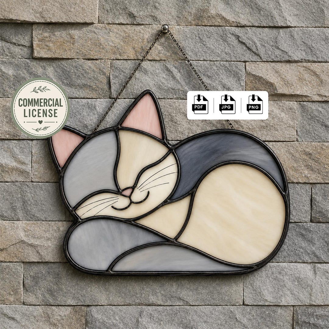 Sleeping Cat Stained Glass Pattern PDF, Commercial License, Cat ...
