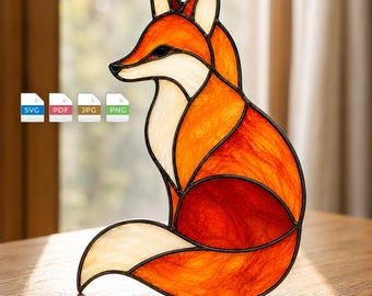 Patrón de vidriera de zorro en formato SVG, atrapasoles de zorro rojo en PDF, manualidades con animales del bosque, plantilla de vidriera imprimible / guía de corte numerada
