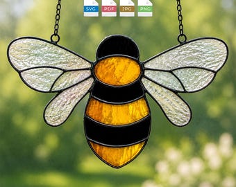 Patrón de vidriera de abeja SVG, atrapasoles de abejorro PDF, abeja melífera imprimible para manualidades, plantilla de vidriera para principiantes / guía de corte numerada