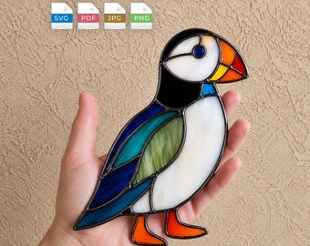 Patrón de vidriera de frailecillo en PDF y SVG, plantilla de atrapasoles de aves marinas, descarga digital de arte en vidrio costero para principiantes, colibrí de regalo.