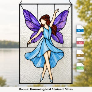 May include: A stained glass panel featuring a fairy with auburn hair, wearing a light blue dress and large purple wings. The figure is set against a textured clear glass background. Four file format icons labeled SVG, PDF, JPG, and PNG are visible.