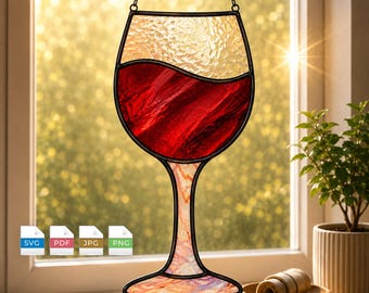 Padrão de Vitral de Taça de Vinho em SVG e PDF | Molde para Filtro Solar de Vinho Tinto | Vinho em Vitral | Download Instantâneo | Presente para Amantes de Vinho (Cricut)
