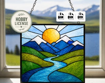 Mountain Sunrise Stained Glass Pattern, River Landscape Suncatcher Template, DIY Glass Art Design Pdf Jpg Png, Hobby License