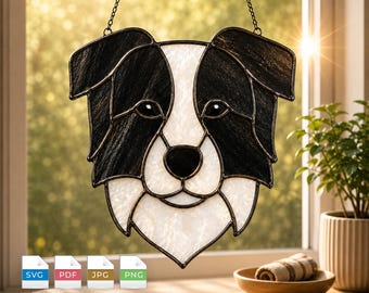 Molde de vitral de Border Collie em SVG e PDF | Modelo para apanhador de sol com cachorro | Arte em vitral com cachorro | Download instantâneo para Cricut