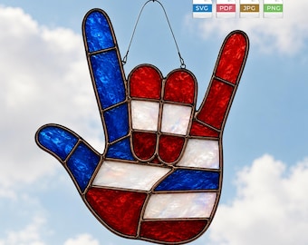 ASL I Love You ステンドグラスパターン SVG PDF、手話アメリカ国旗サンキャッチャー、愛国的なガラスアート、即時デジタルダウンロード