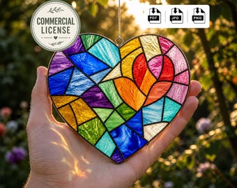 Patrón de vidriera de corazón arcoíris en PDF / Mosaico atrapasol DIY (descarga digital) / Ideal para principiantes / Idea de regalo para San Valentín