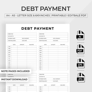 Debt Payment Tracker Printable | Monthly Bill, Loan, Credit Card (editable pdf, ai, eps, jpg)