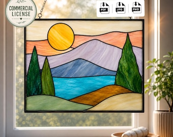 Patrón de vidriera Lago de Montaña en PDF / Licencia comercial / Atrapasueños Paisaje Atardecer / 17 piezas / Árboles y Sol Descarga digital