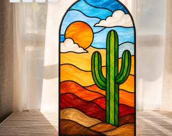 Patrón de vidriera de cactus SVG, atrapasoles de atardecer desértico PDF, panel numerado para bricolaje, plantilla de vidriera sencilla de estilo bohemio moderno