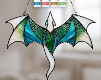 ドラゴンステンドグラスパターンSVG PDF、ファンタジードラゴンバットサンキャッチャー、ゴシックフライングドラゴンDIYガラスアート、初心者向け、即時デジタルダウンロード