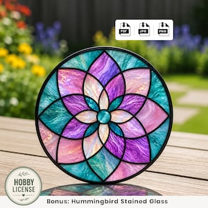 May include: A circular stained glass suncatcher featuring a geometric flower pattern with iridescent teal, purple, and pink glass segments encased in a black metal frame. The design includes icons for PDF, JPG, and PNG files and text reading Hobby License.