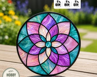 Patrón de vidriera Mandala en PDF / Plantilla de atrapasoles floral para descarga digital / Patrón de vidriera para principiantes / Arte para ventanas imprimible