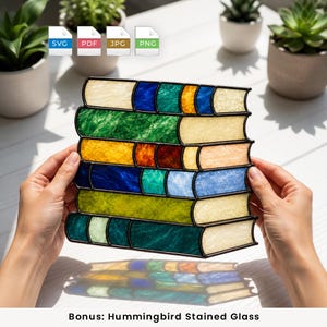 Stacked Books Stained Glass Pattern SVG PDF | Book Suncatcher Template | Stain Glass Books | Instant Download Cricut Book Lover Gift